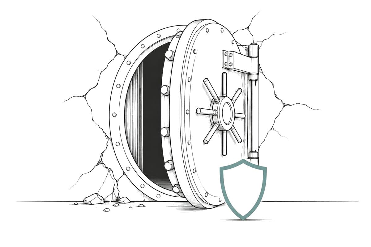 Puerta de bóveda entreabierta con grietas en la pared y un escudo delante