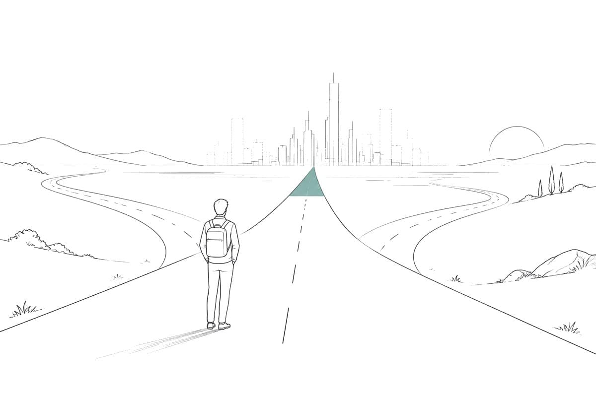 Camino en perspectiva hacia un horizonte con ciudades apenas esbozadas