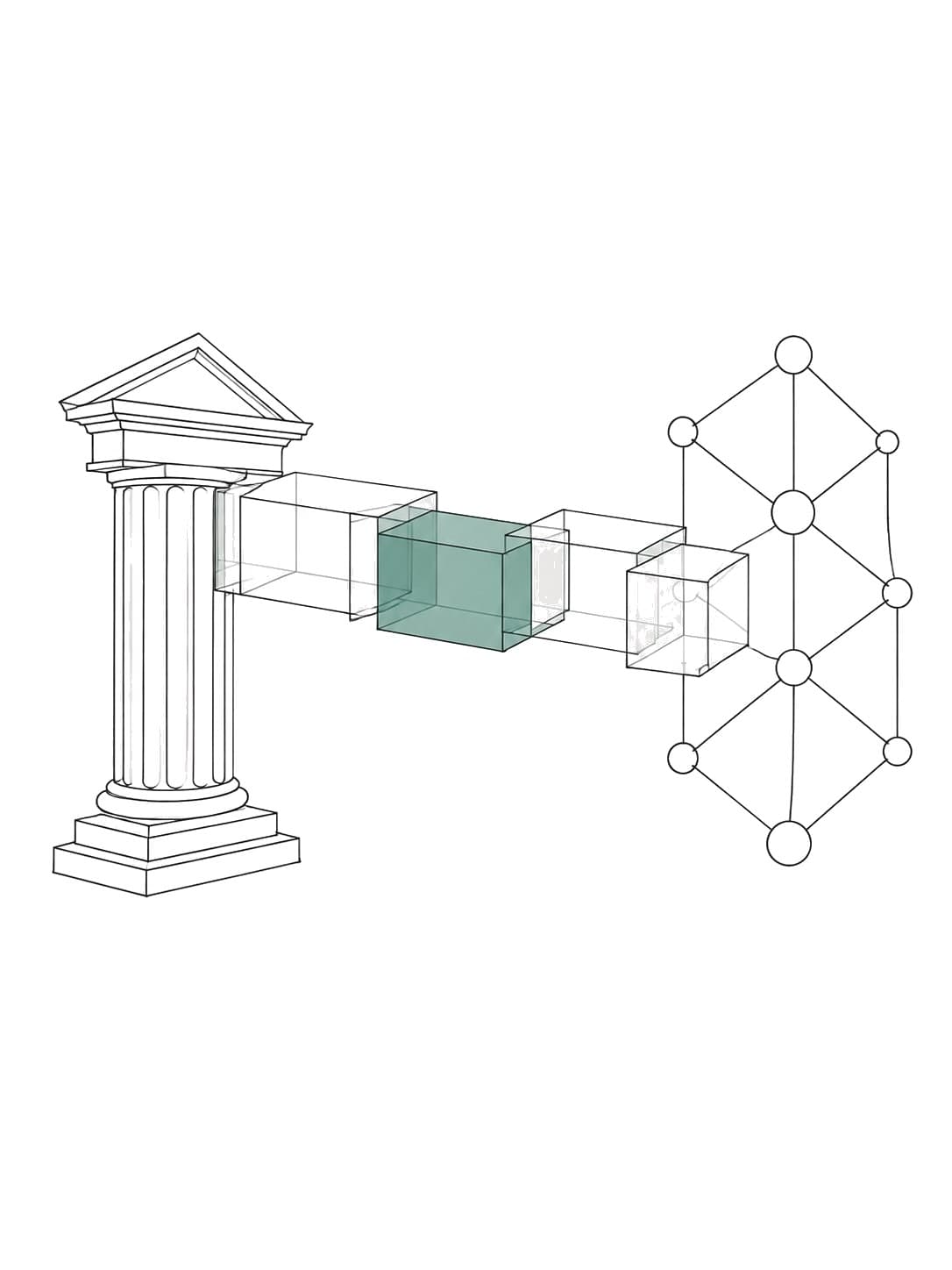 Columna clásica unida por bloques translúcidos a una red de nodos