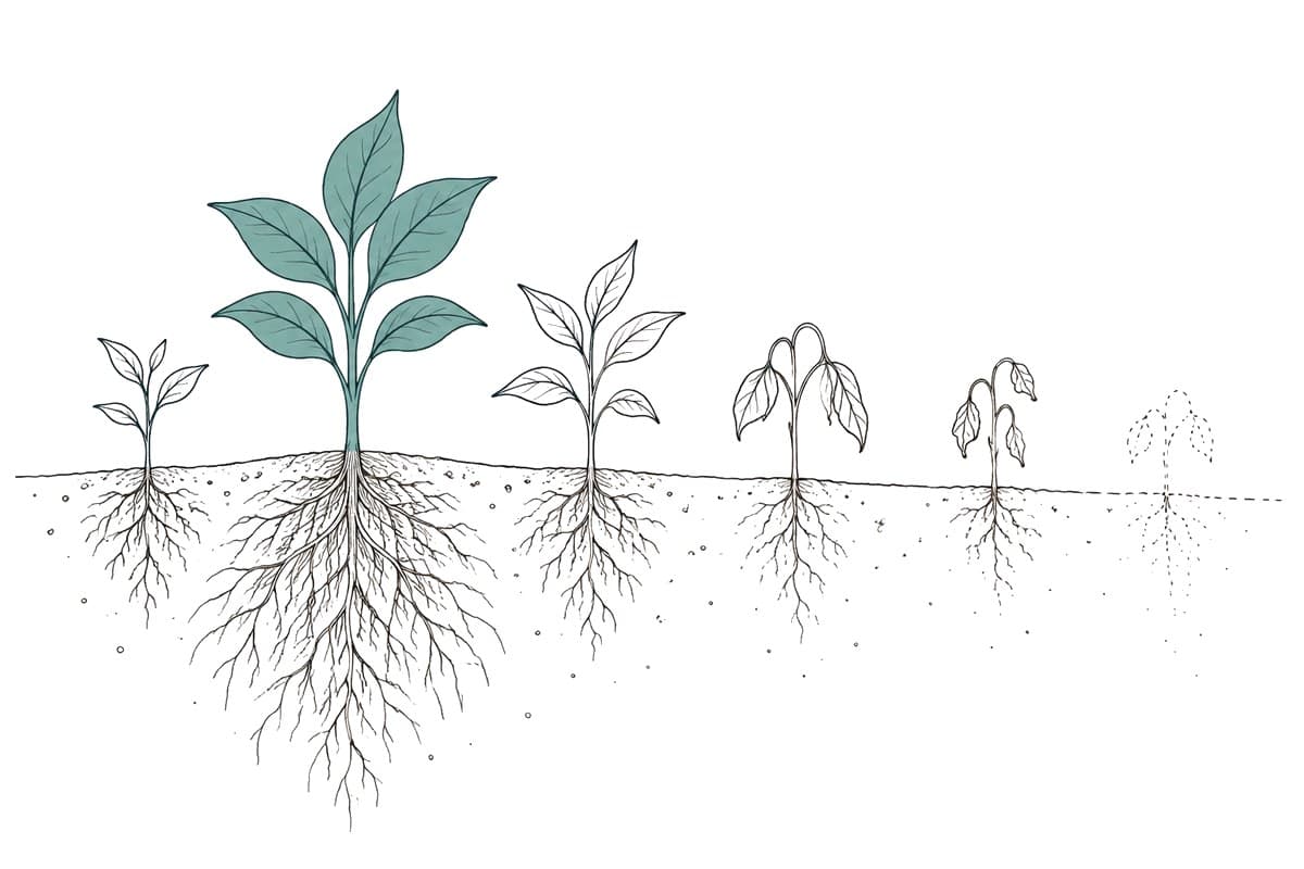 Plantas con raíces profundas junto a otras que se secan y desvanecen